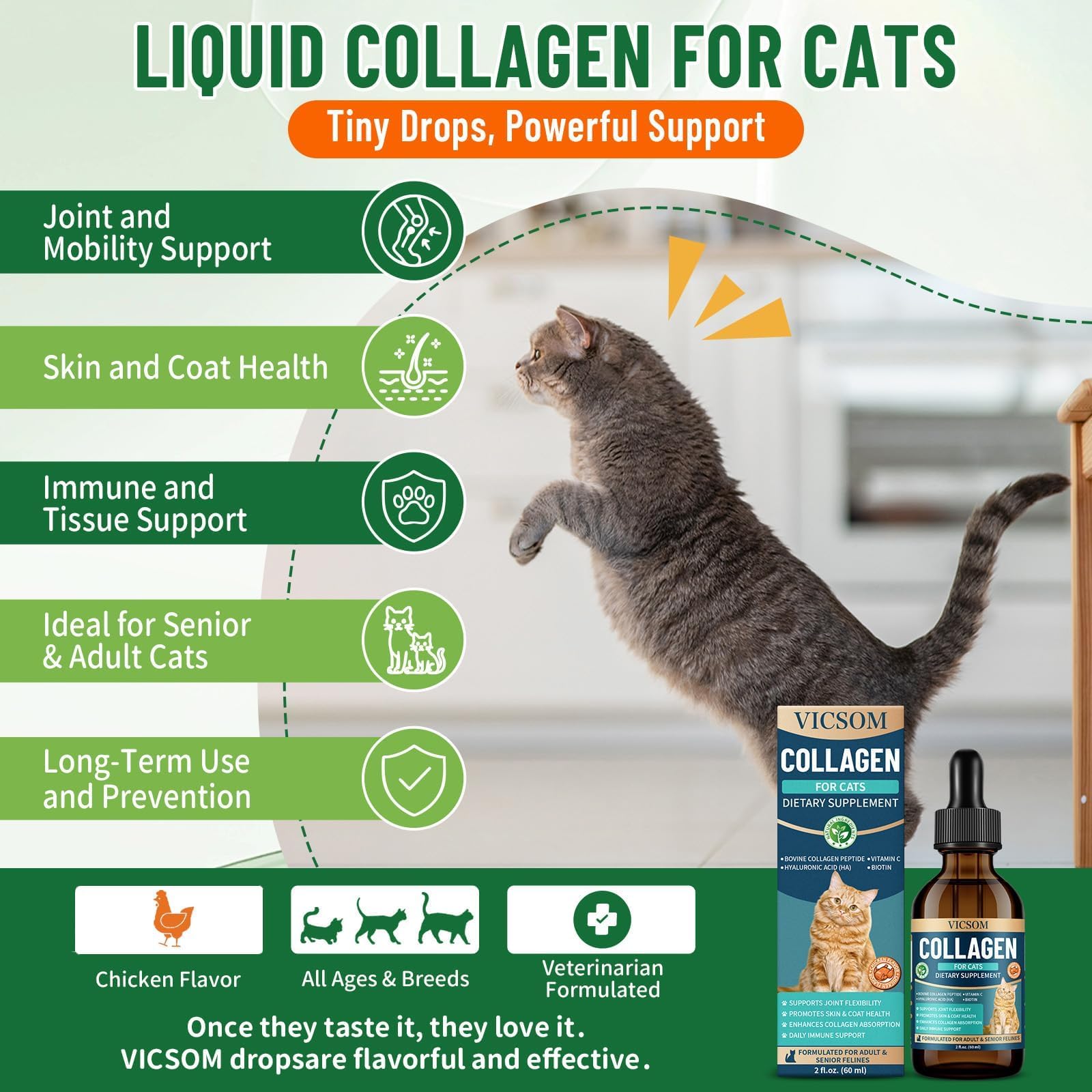VICSOM Cat Collagen Drops box and label showcase natural ingredients and clean formula.