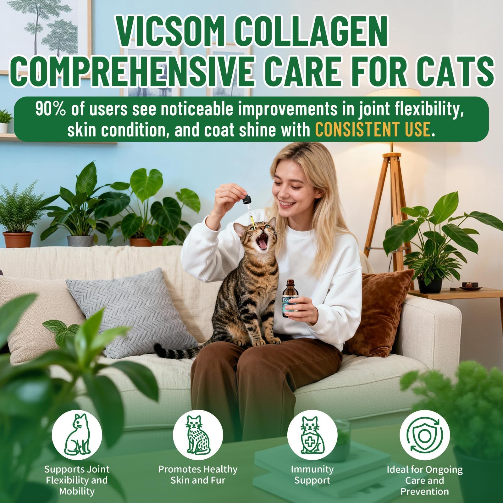 VICSOM Cat Collagen Drops provide joint comfort and long-term vitality with hyaluronic acid.