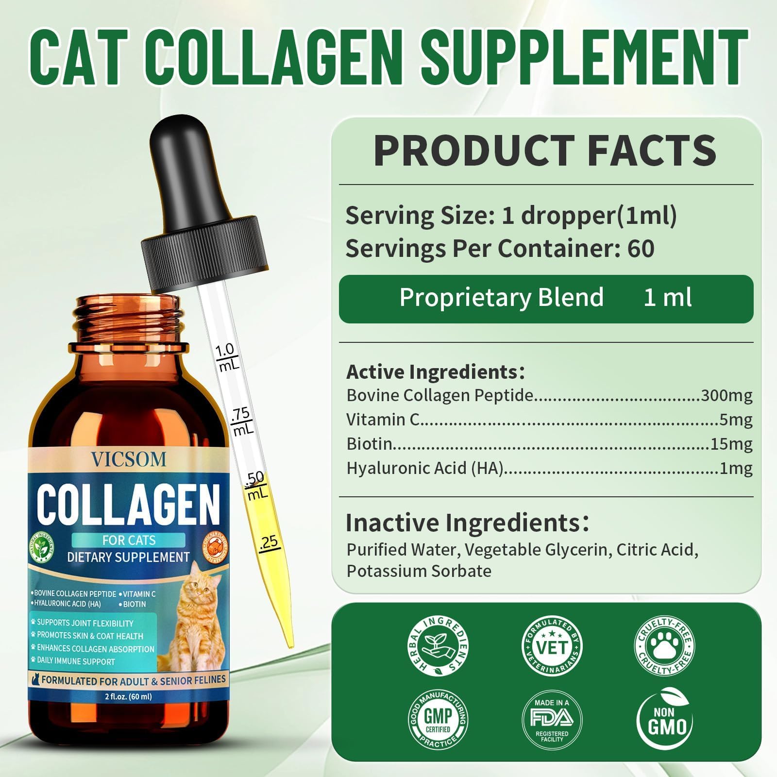 VICSOM Cat Collagen Drops on shelf communicates natural, grain-free formula for pets.