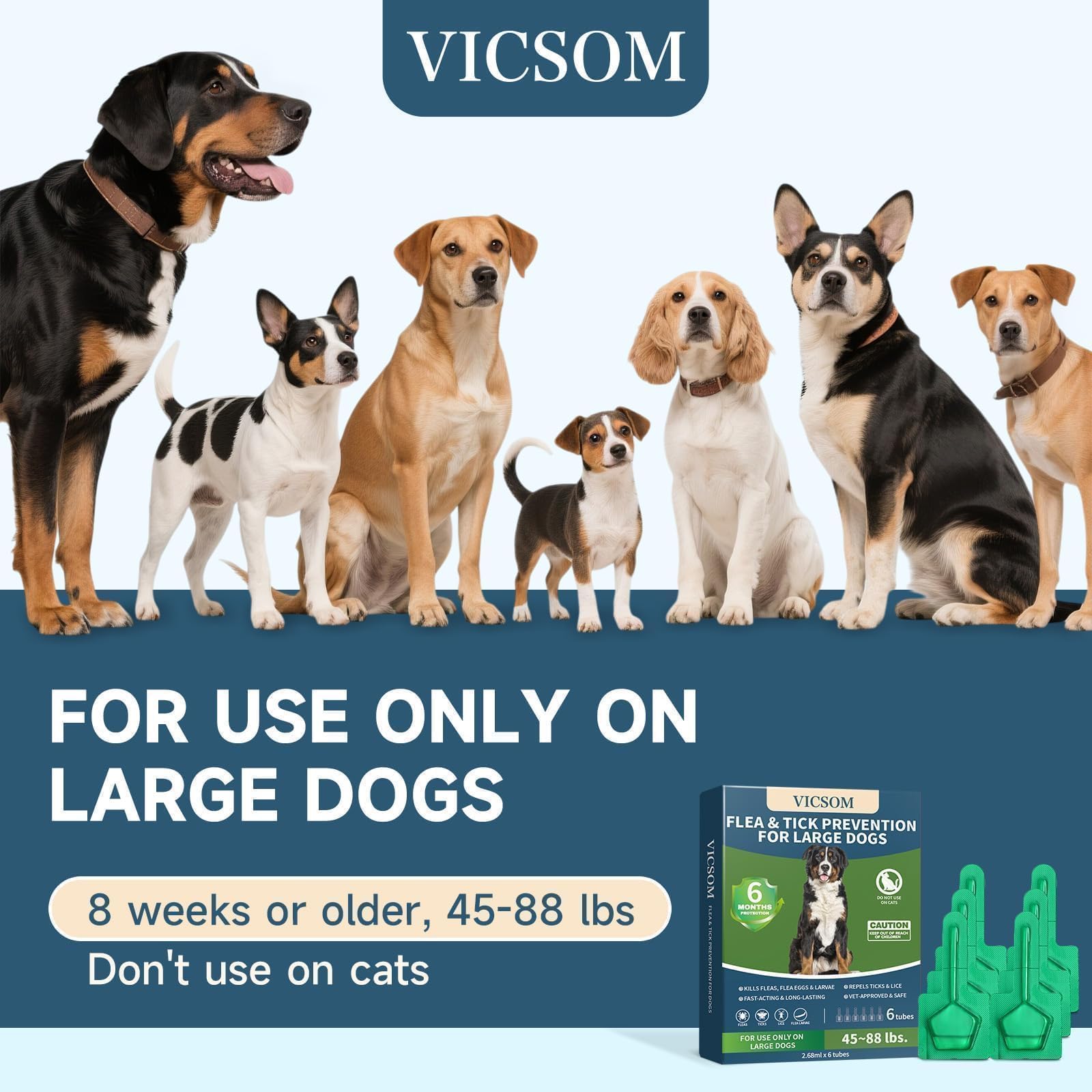 VICSOM for large dogs (45-88 lbs) offers easy at-home monthly use.