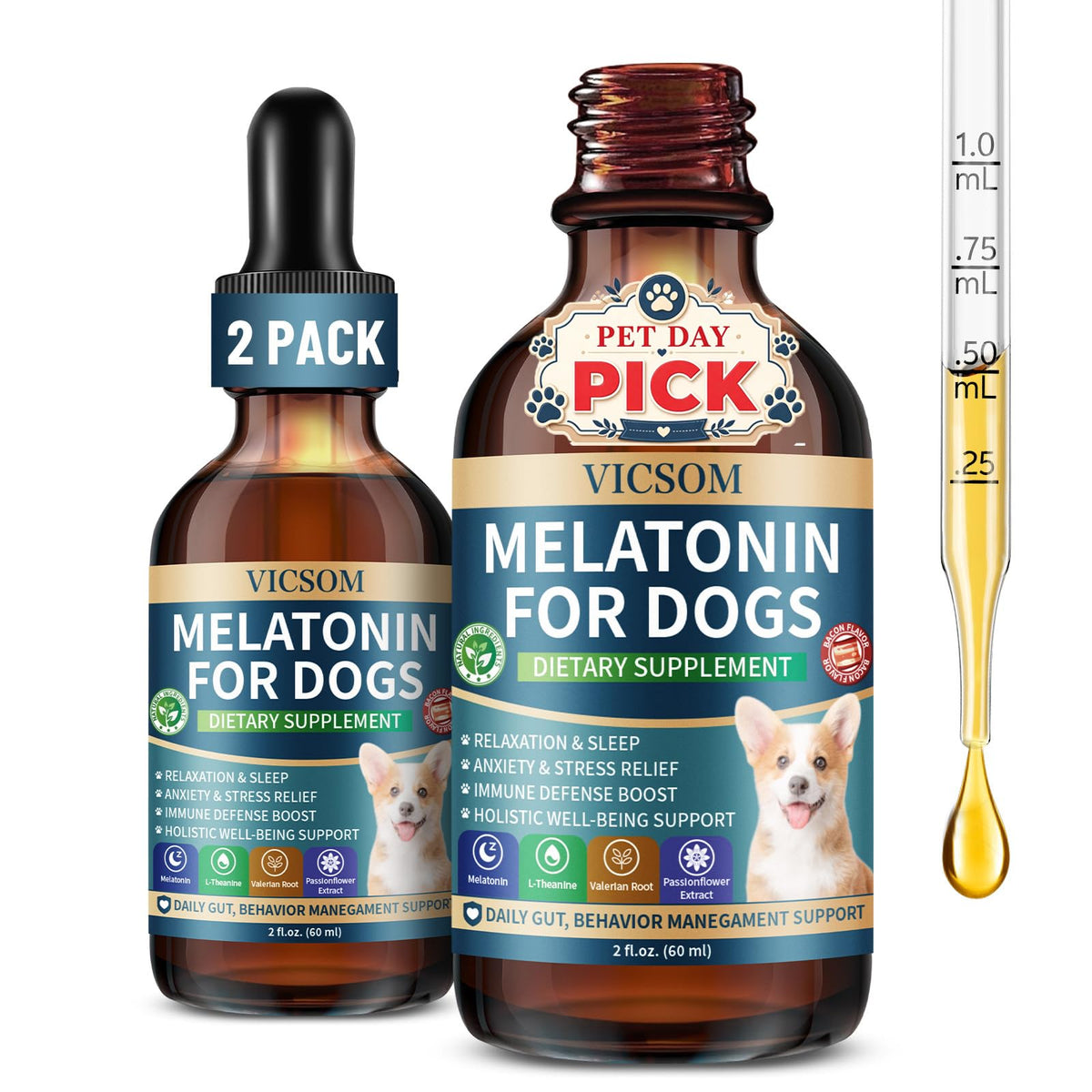 VICSOM dog melatonin drops bottle front showing calming sleep support for pets