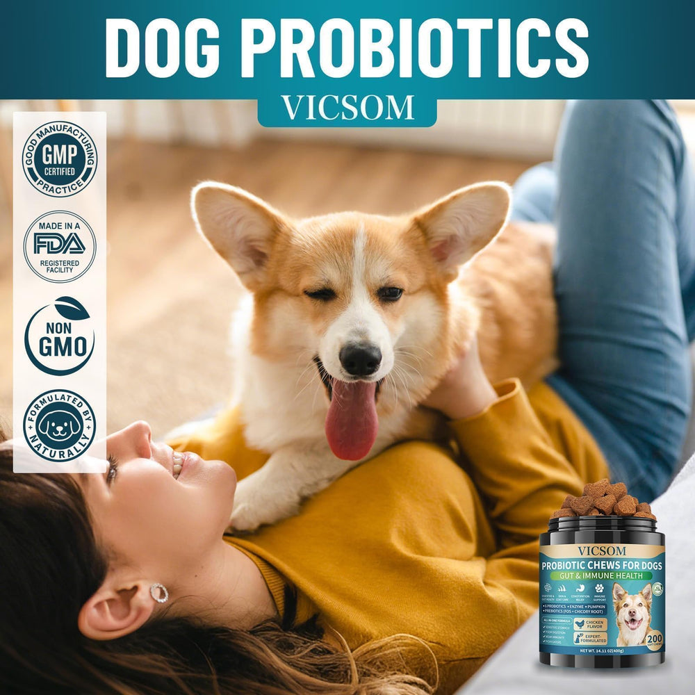 Open jar of VICSOM probiotics with chews spilled.