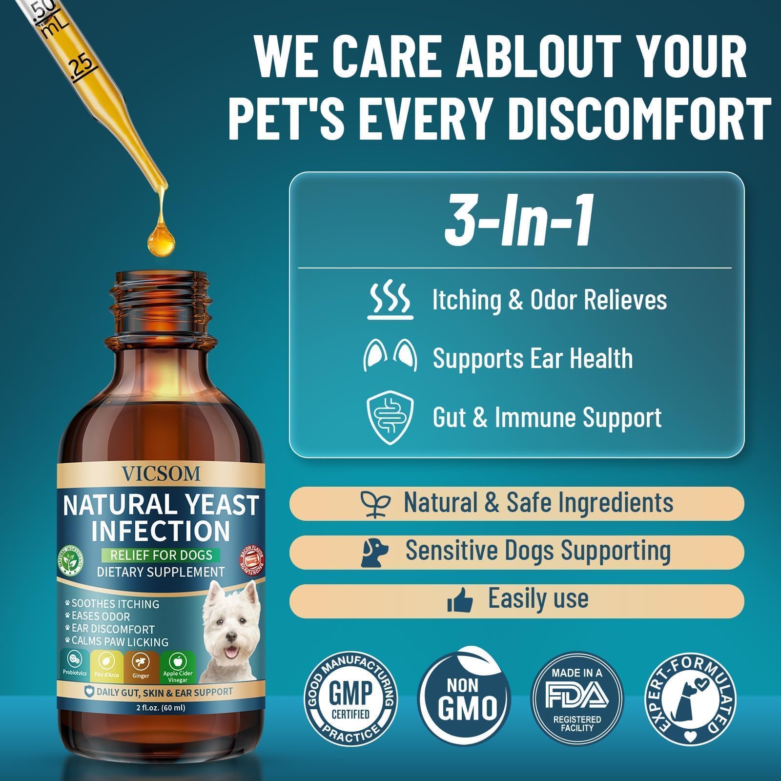VICSOM ear-care yeast relief bottle highlights soothing ear irritation.