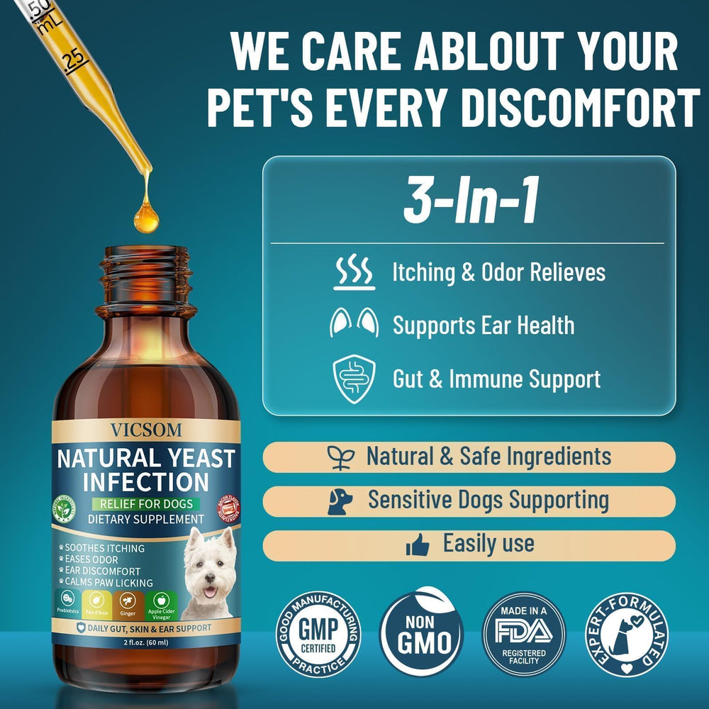 VICSOM ear-care yeast relief bottle highlights soothing ear irritation.