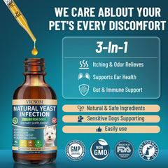 VICSOM ear-care yeast relief bottle highlights soothing ear irritation.