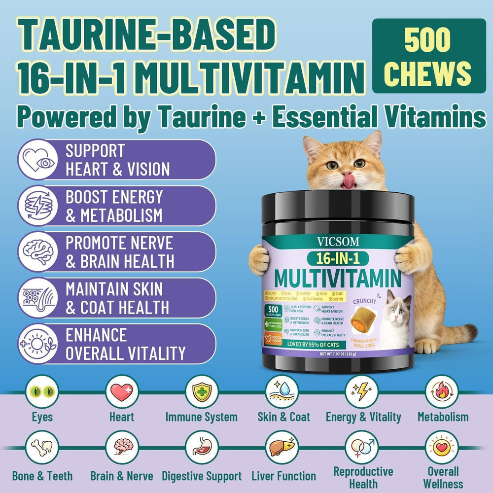 VICSOM immune-support cat chew promoting vitality and resilience.
