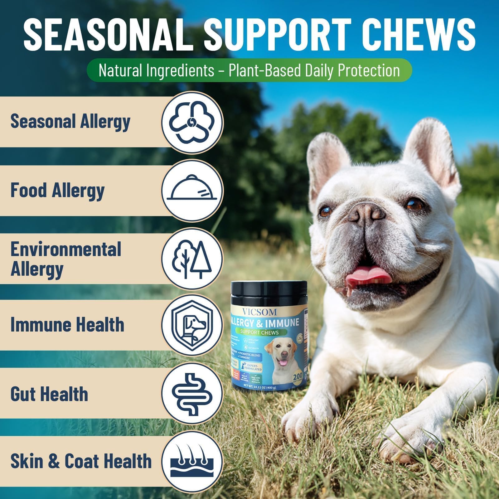 VICSOM itch relief chews for dogs support digestive health and comfort.