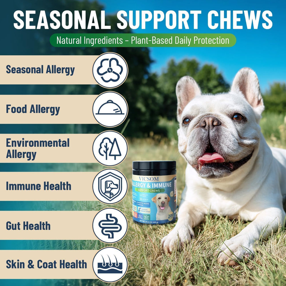VICSOM itch relief chews for dogs support digestive health and comfort.