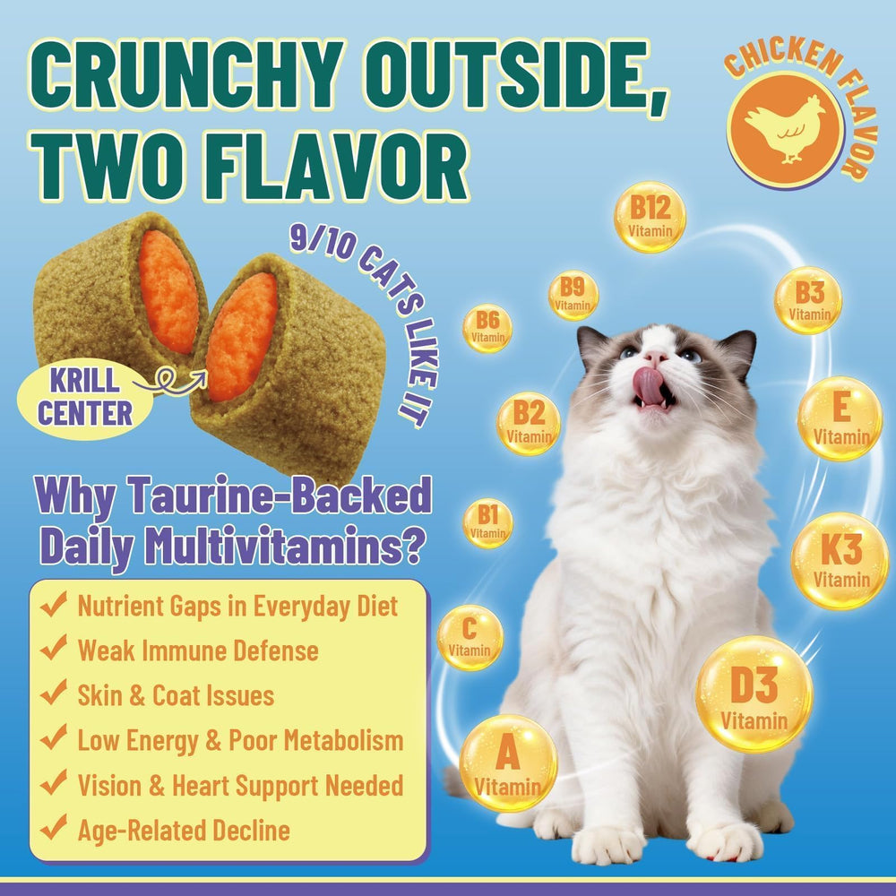 VICSOM krill-filled cat chew center with savory flavor appeal.