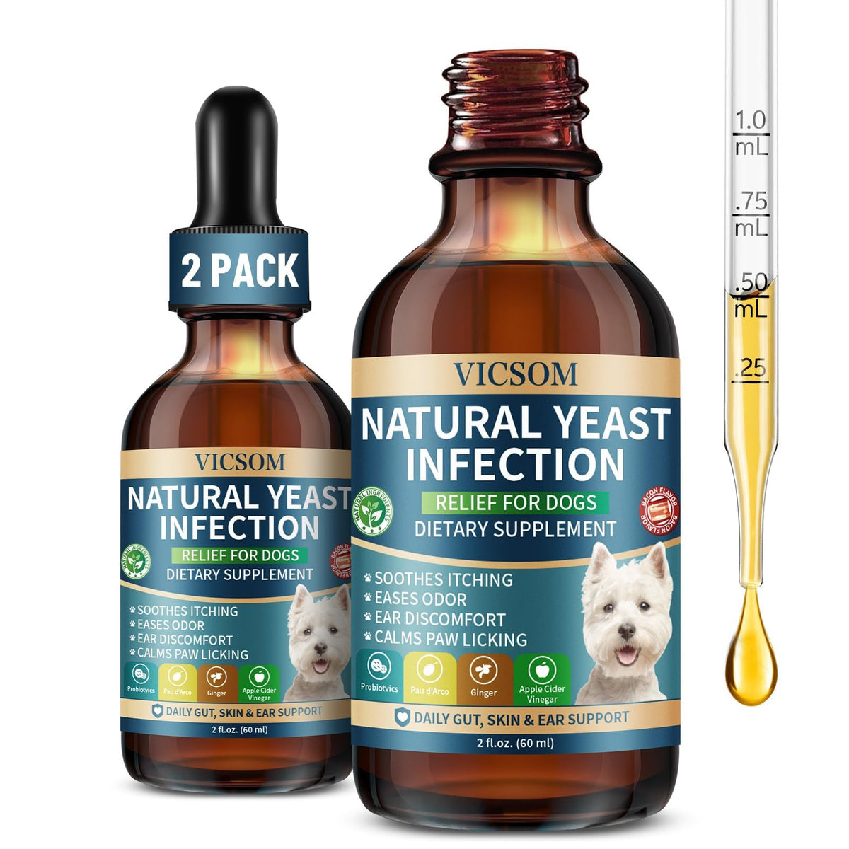 VICSOM natural dog yeast treatment bottle for daily itchy-skin support.