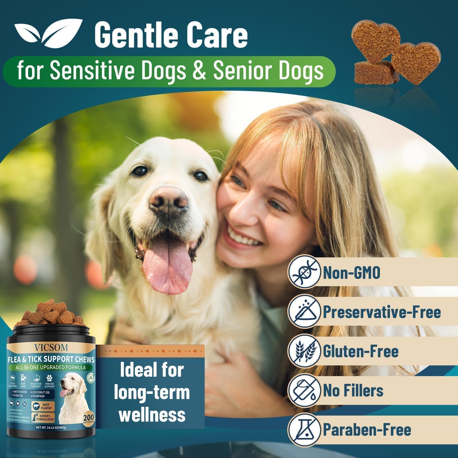 VICSOM omega-3 rich skin-coat chews help maintain healthy coat and skin.
