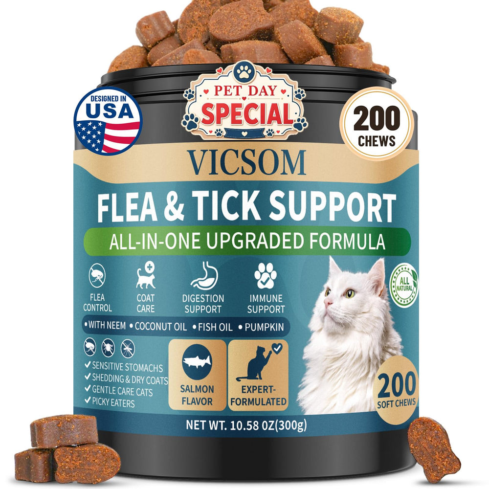 VICSOM salmon-flavored chews bottle closeup showing easy daily administration