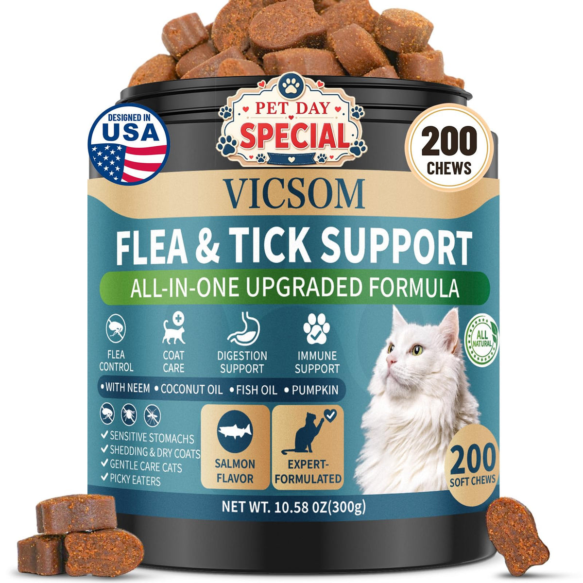 VICSOM salmon-flavored chews bottle closeup showing easy daily administration