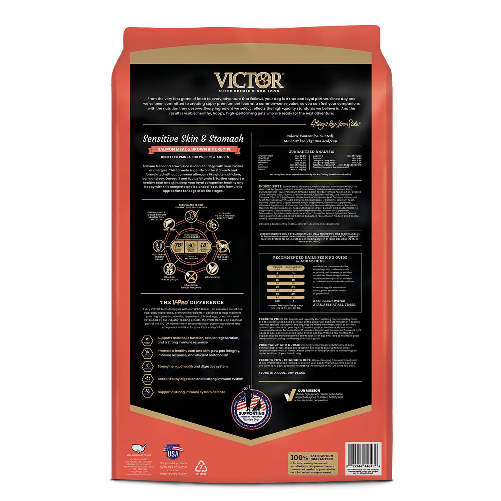 VICTOR bag front promotes healthy skin and coat with omega nutrients.
