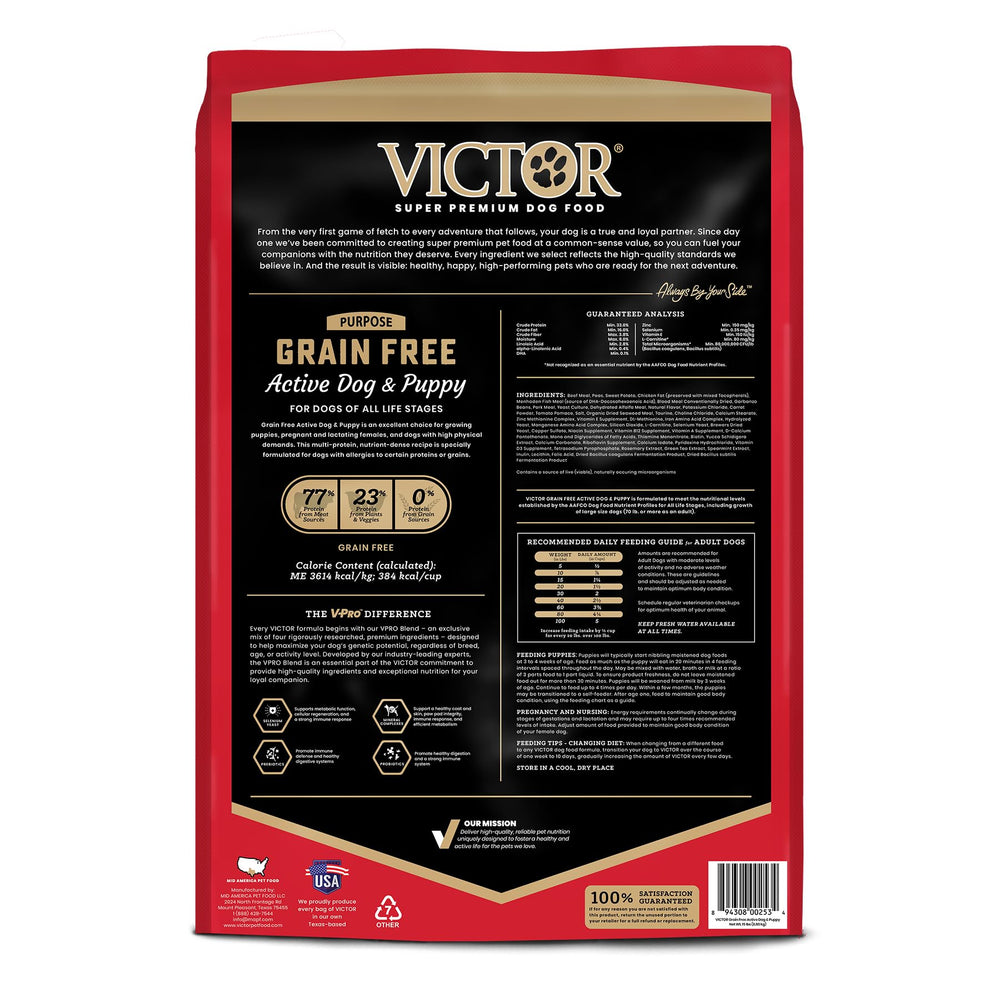 VICTOR beef-pork-fish meals ingredients emphasize protein-rich nutrition