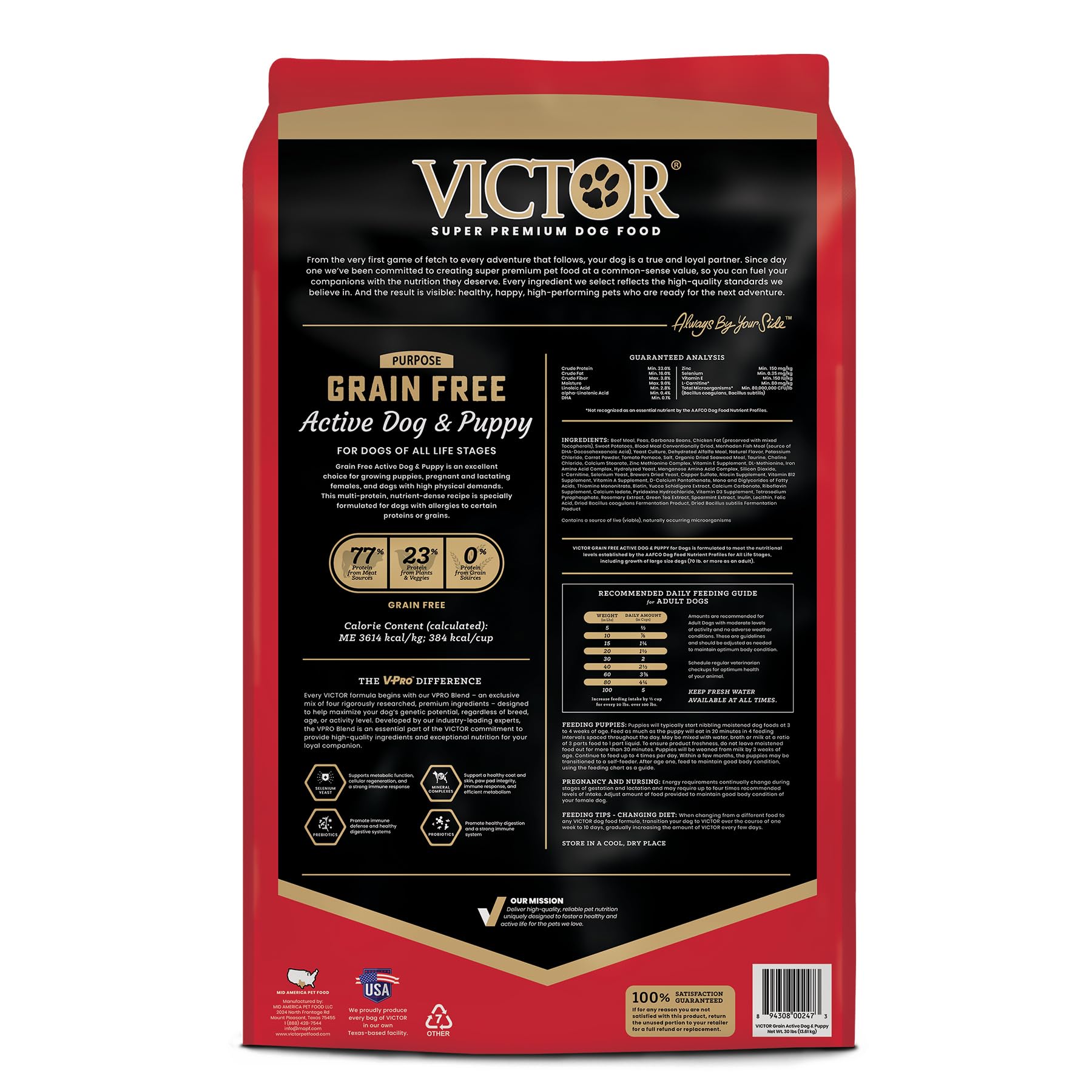 VICTOR beef pork fish meals kibble close-up emphasizing high-quality meat sources.