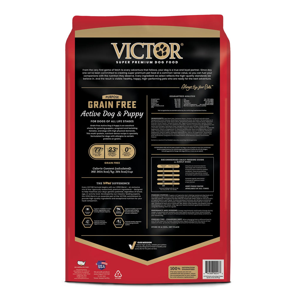 VICTOR beef pork fish meals kibble close-up emphasizing high-quality meat sources.