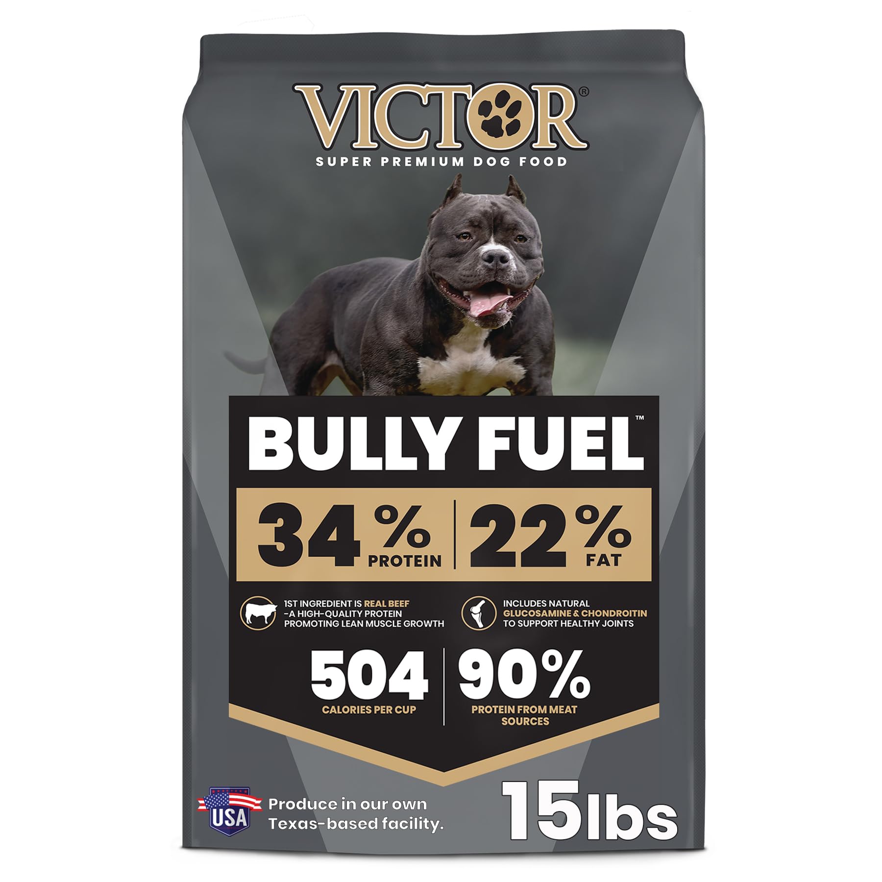 VICTOR Bully Fuel beef-first ingredient supports lean muscle in active bully breeds.