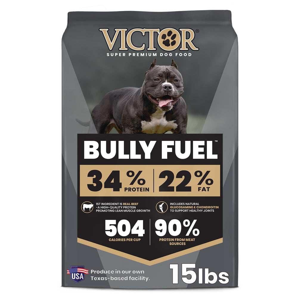 VICTOR Bully Fuel beef-first ingredient supports lean muscle in active bully breeds.