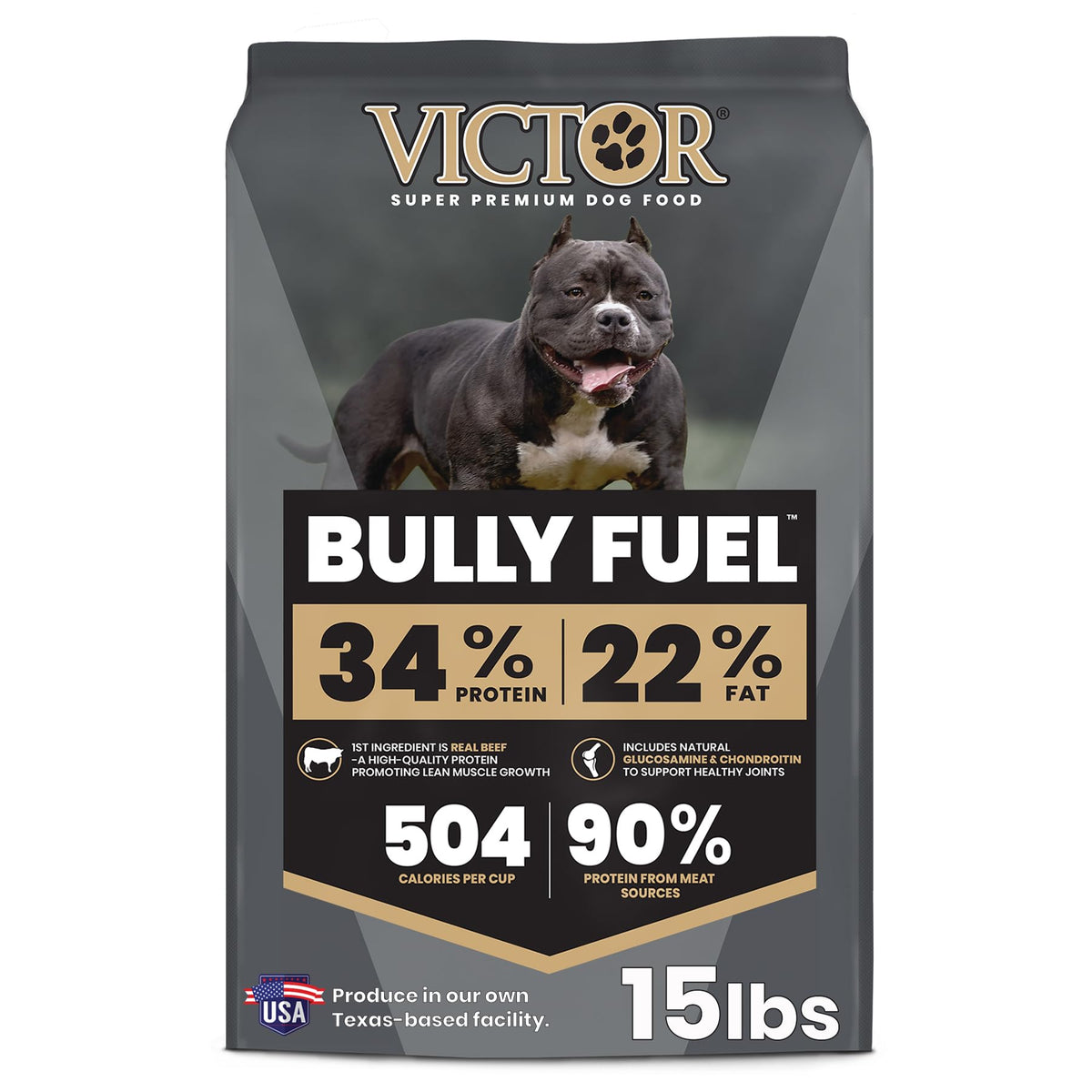 VICTOR Bully Fuel beef-first ingredient supports lean muscle in active bully breeds.