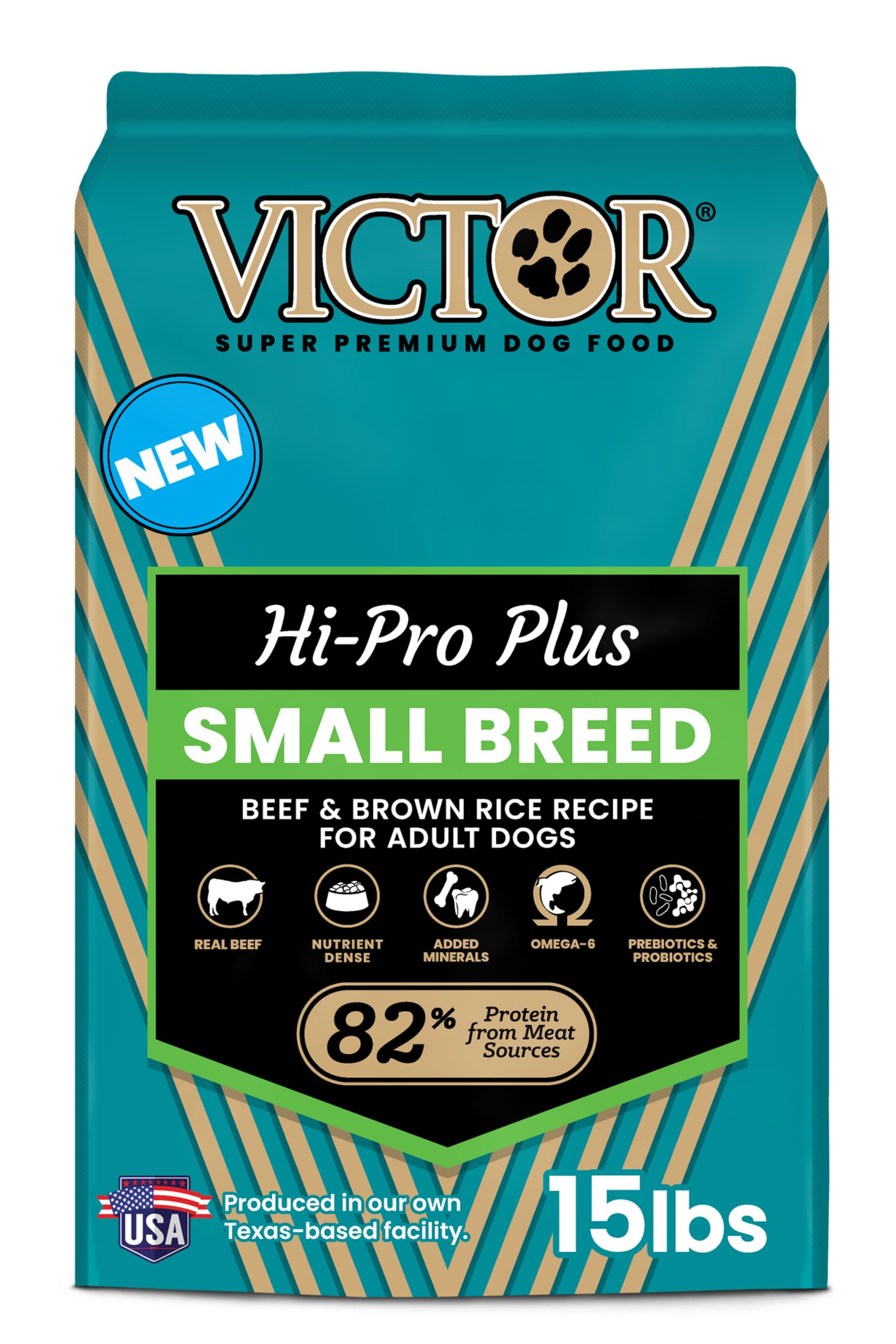 VICTOR Classic Hi-Pro Small Breed 15-lb bag shows beef-first formula for lean muscle and energy