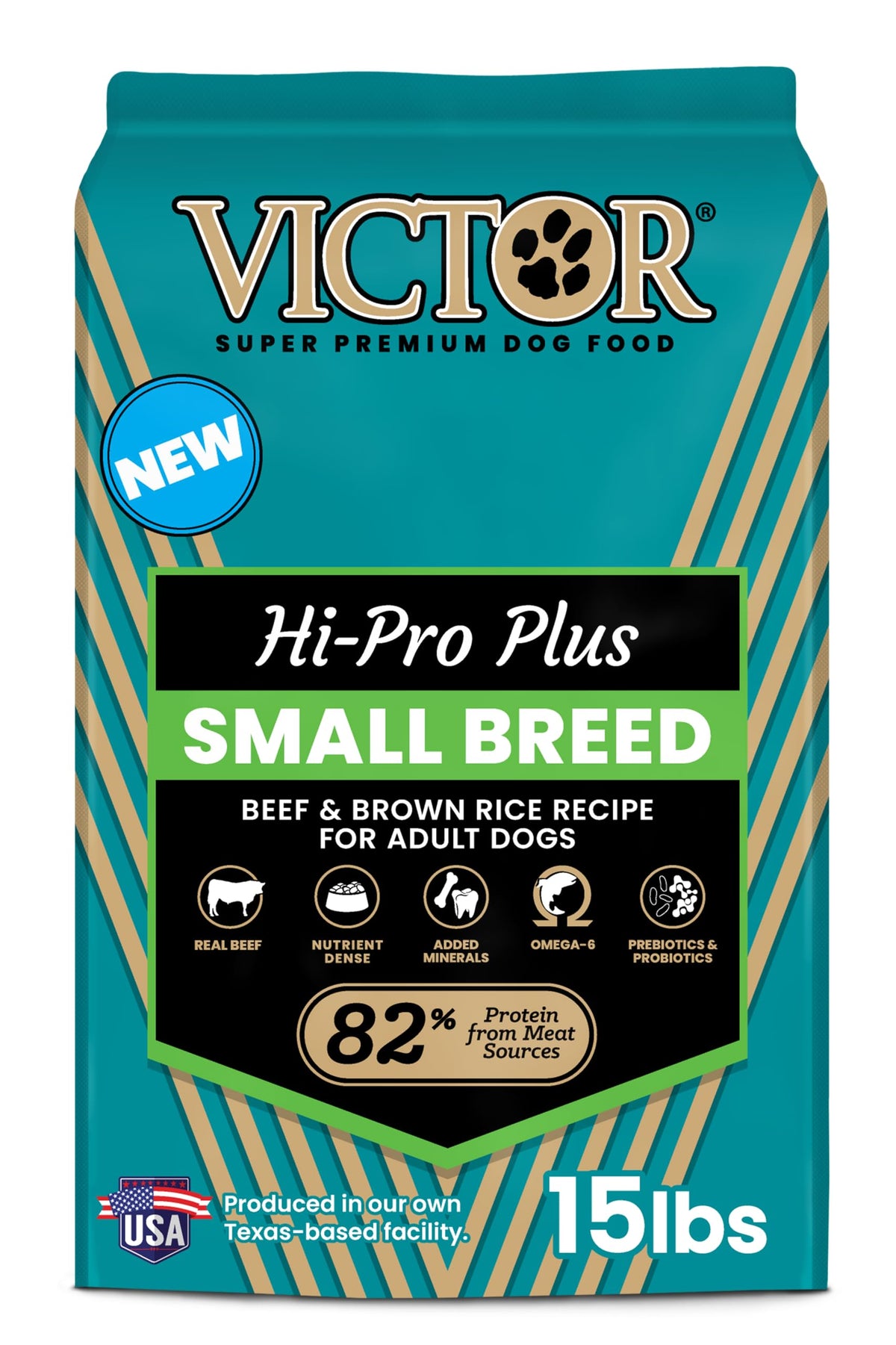 VICTOR Classic Hi-Pro Small Breed 15-lb bag shows beef-first formula for lean muscle and energy