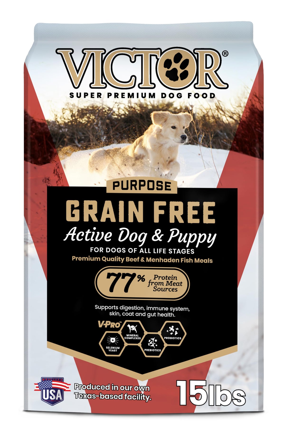 VICTOR grain-free active dog food bag label highlights premium ingredients