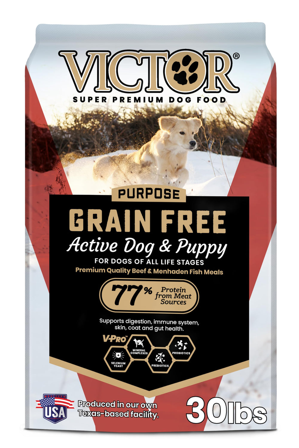 VICTOR grain-free active dog food bag showing premium protein formula for sensitive digestion.