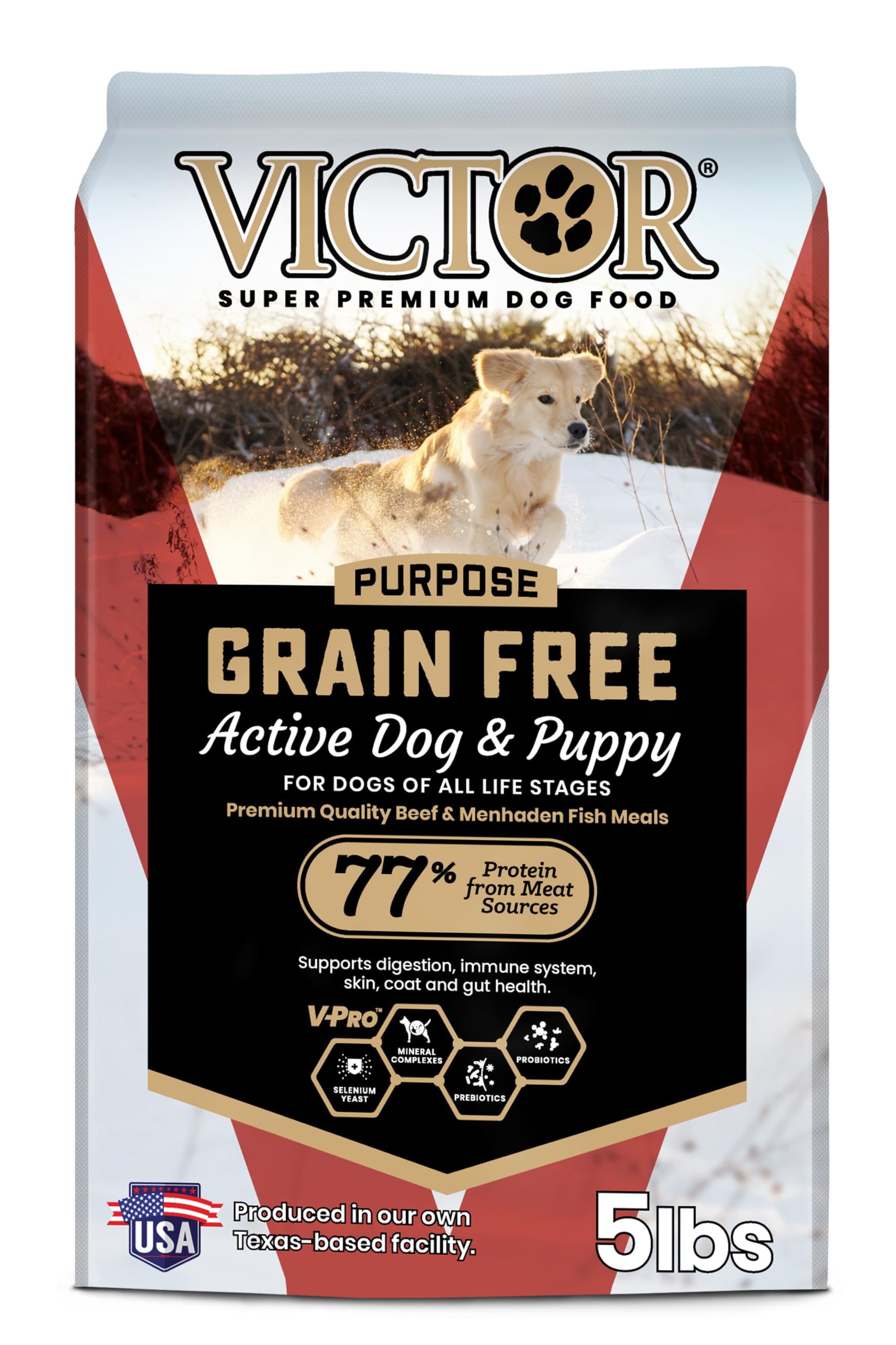 VICTOR grain-free active dog food bag shows grain-free formula for sensitive dogs.