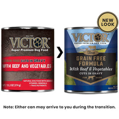 VICTOR grain-free wet dog food bowl showcases tender chunks and natural flavors.