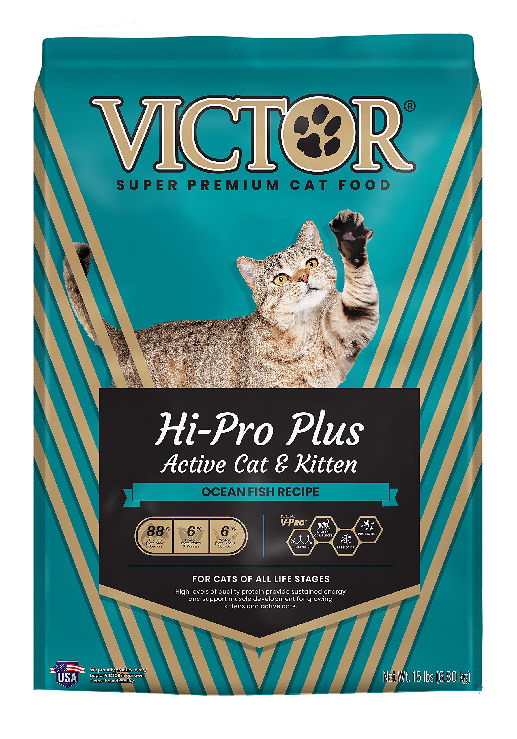 VICTOR Hi-Pro Plus active cat food bag showcasing premium nutrition for all life stages.