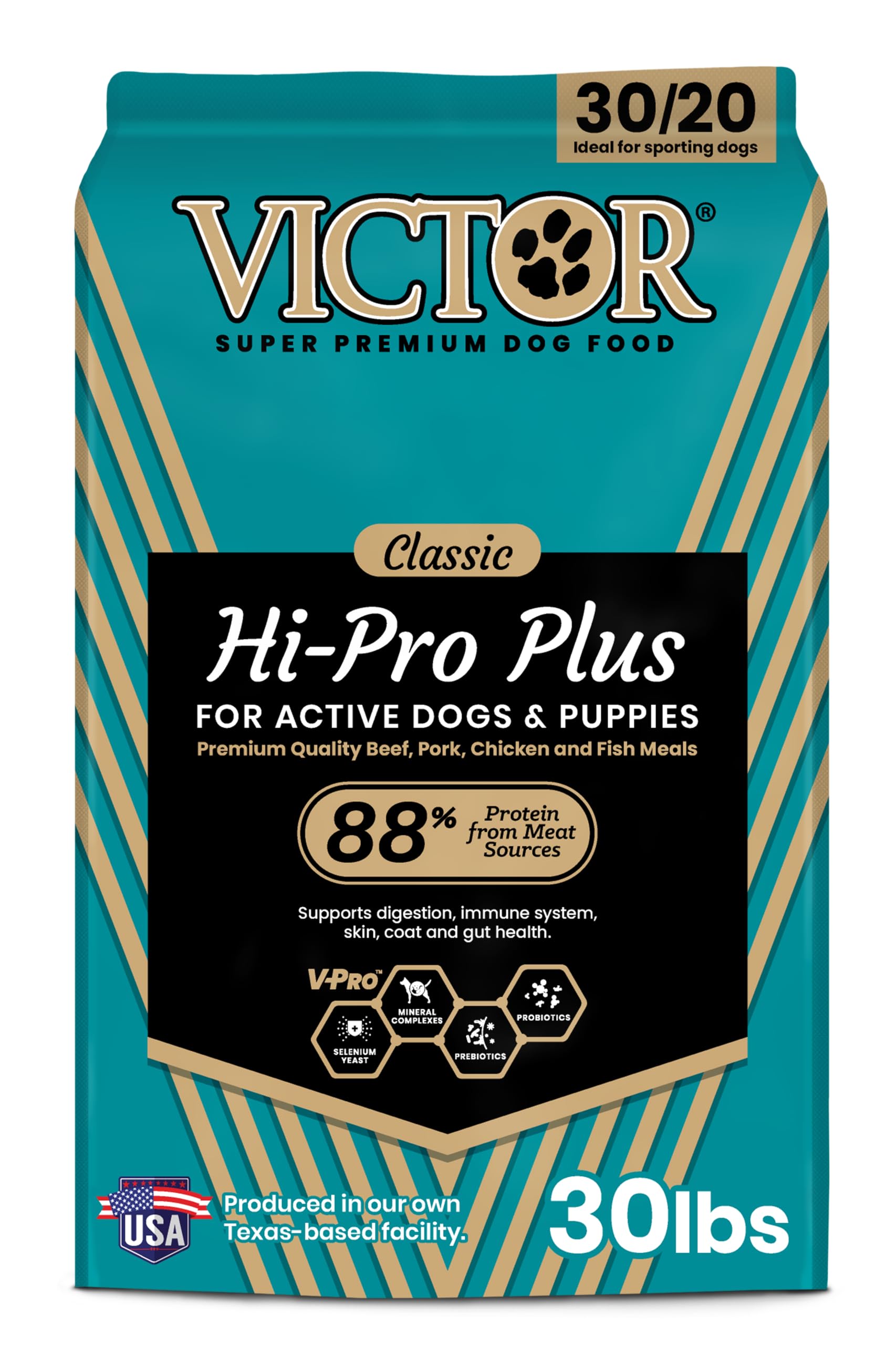 VICTOR Hi-Pro Plus bag open showing premium kibble for energetic dogs