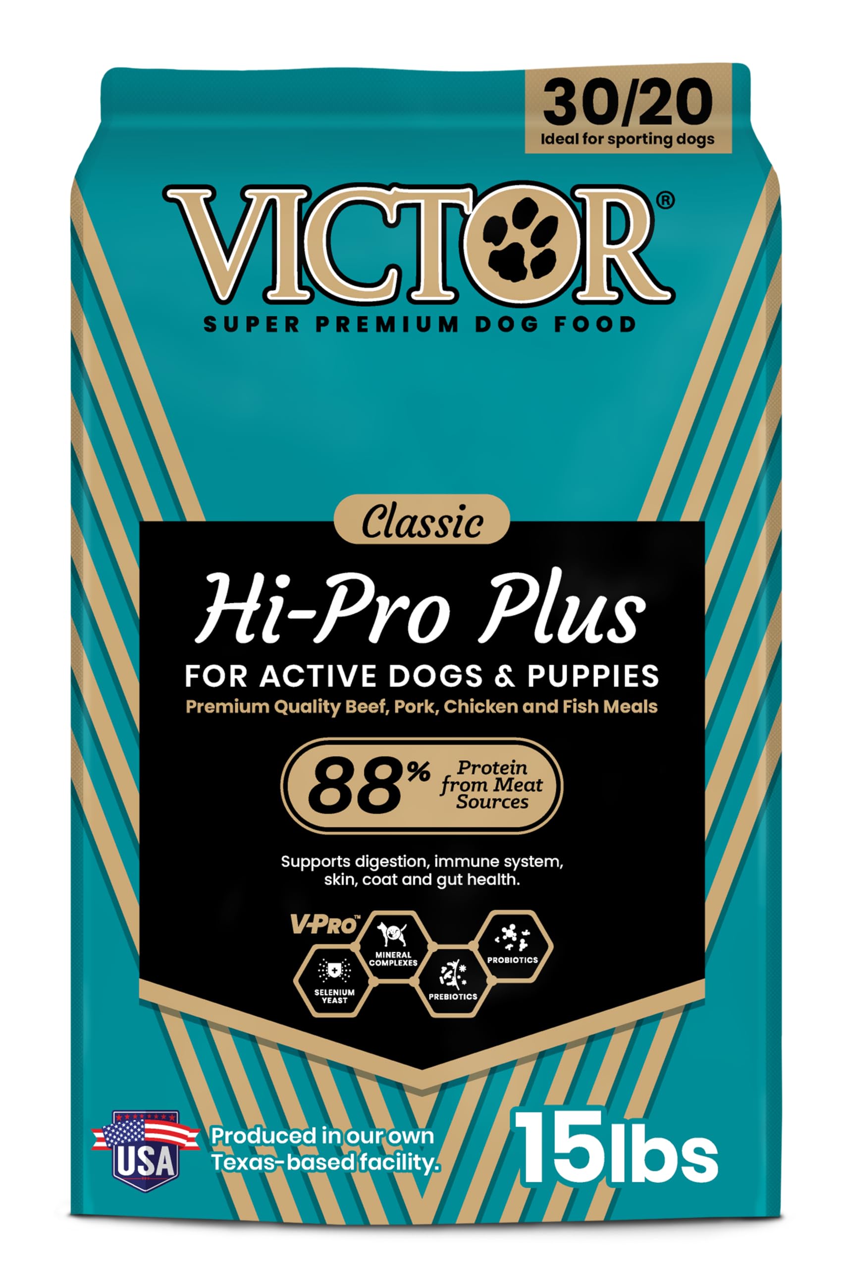 VICTOR Hi-Pro Plus dry dog food bowl closeup with premium meat meals for energy.