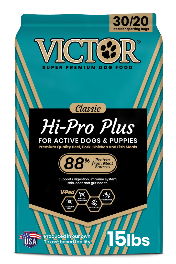 VICTOR Hi-Pro Plus dry dog food bowl closeup with premium meat meals for energy.