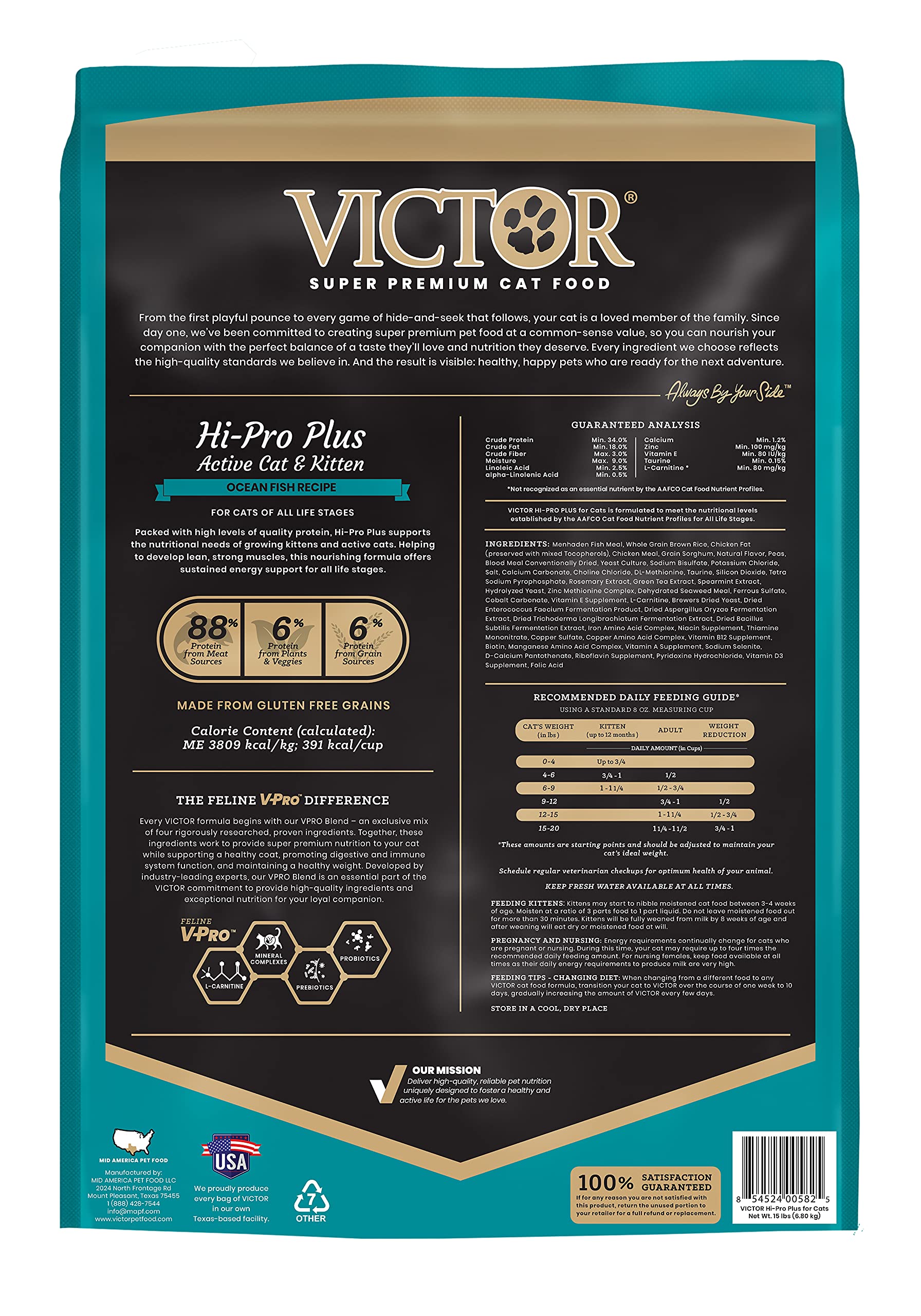 VICTOR Hi-Pro Plus kibble close-up highlighting high protein and balanced fat.