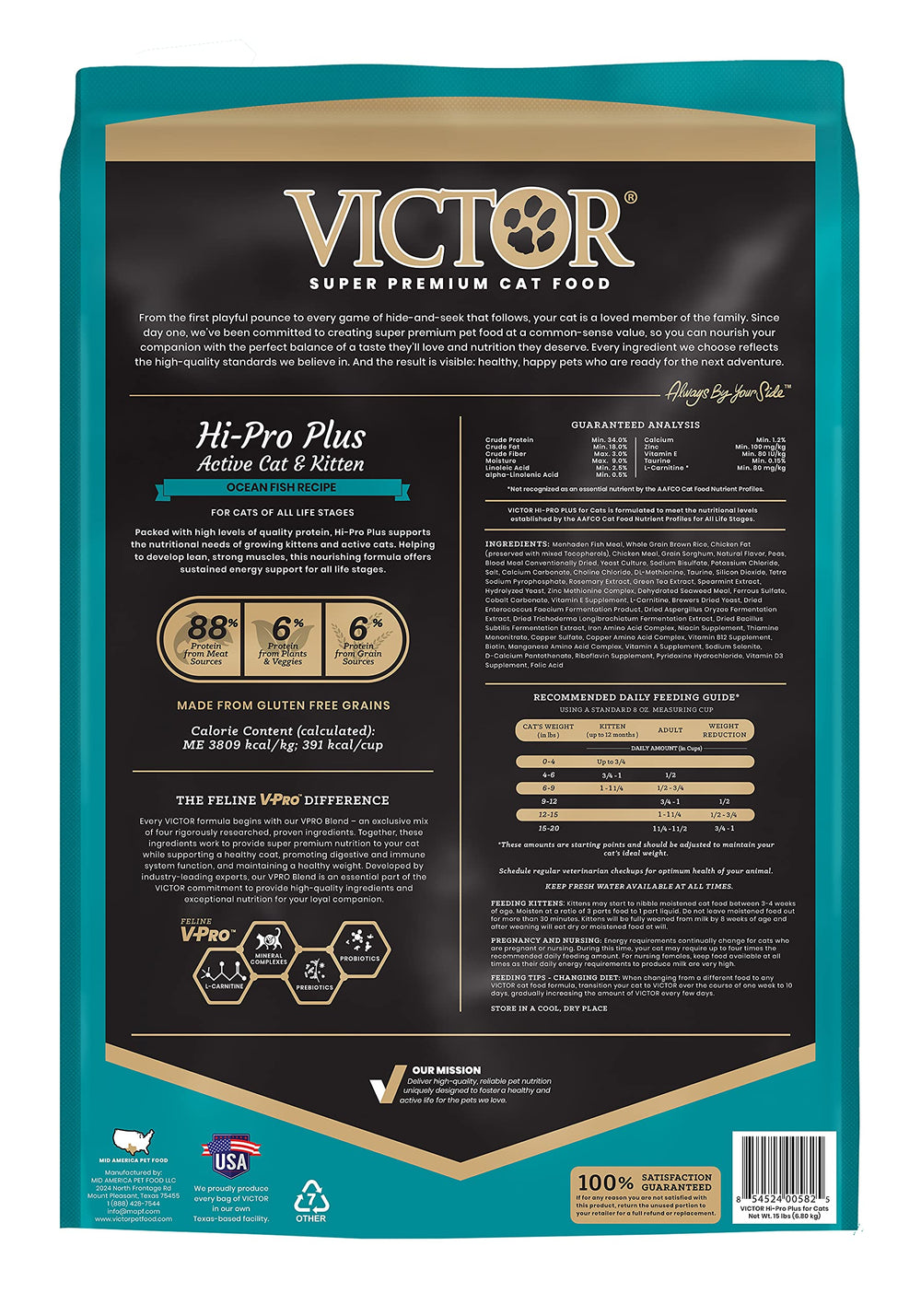 VICTOR Hi-Pro Plus kibble close-up highlighting high protein and balanced fat.