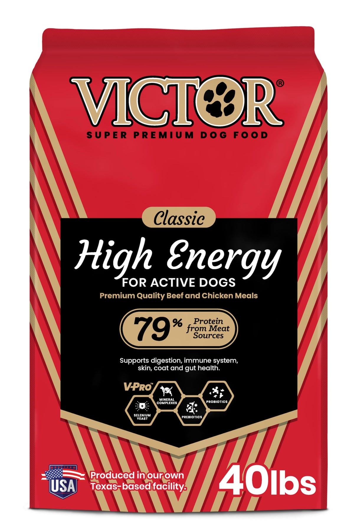 VICTOR High Energy dog food bag front view, premium formula for active dogs.