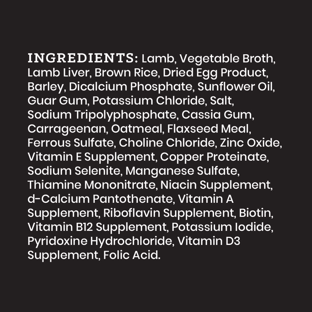 VICTOR Lamb and Brown Rice Pate nutrition panel emphasizes balanced protein and minerals.