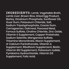 VICTOR Lamb and Brown Rice Pate nutrition panel emphasizes balanced protein and minerals.