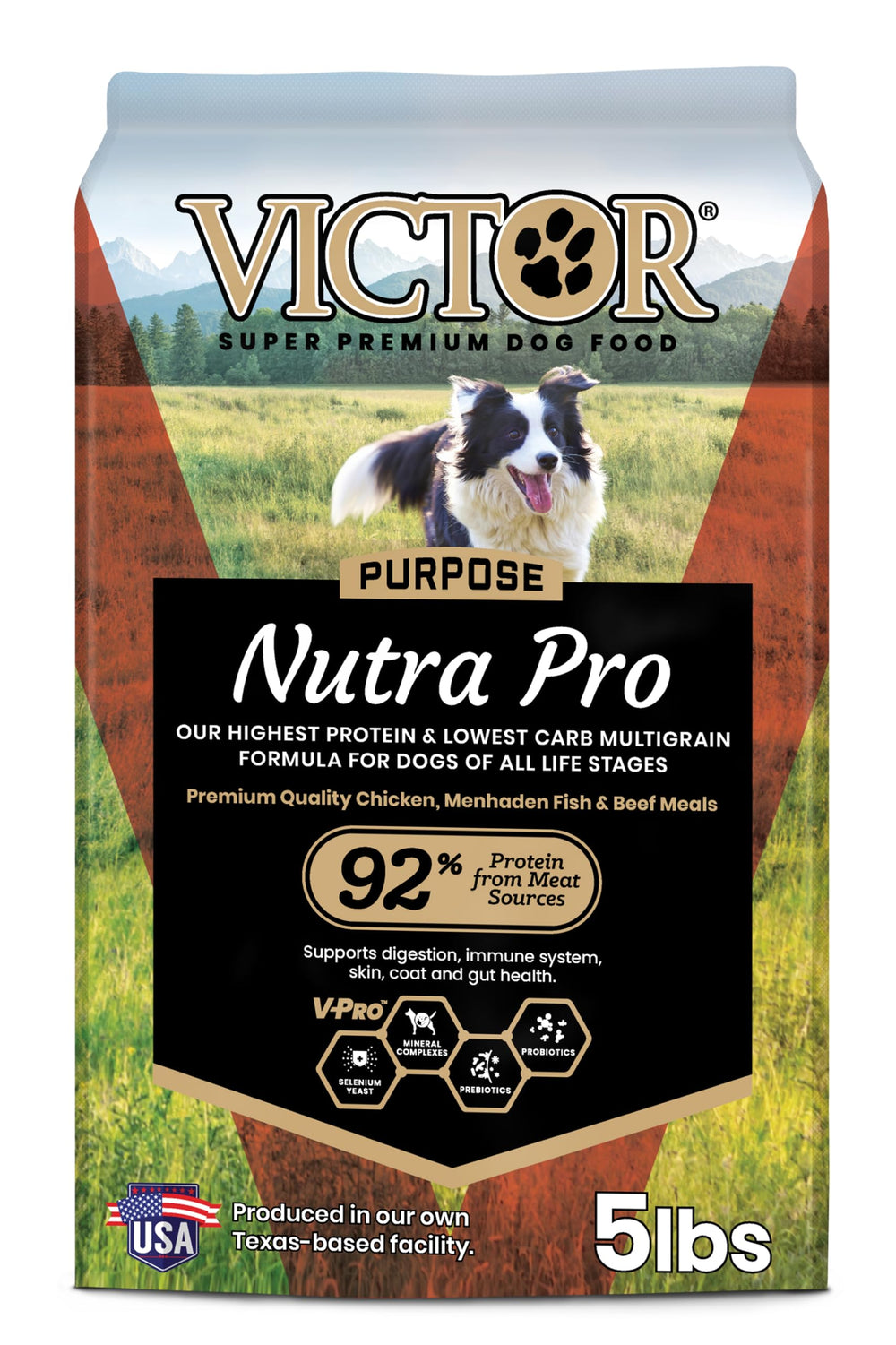 VICTOR Nutra Pro bag front with gluten-free, high-protein formula for active dogs.
