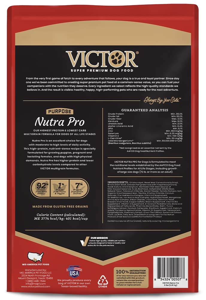 VICTOR Nutra Pro kibble closeup revealing multi-meat formula.