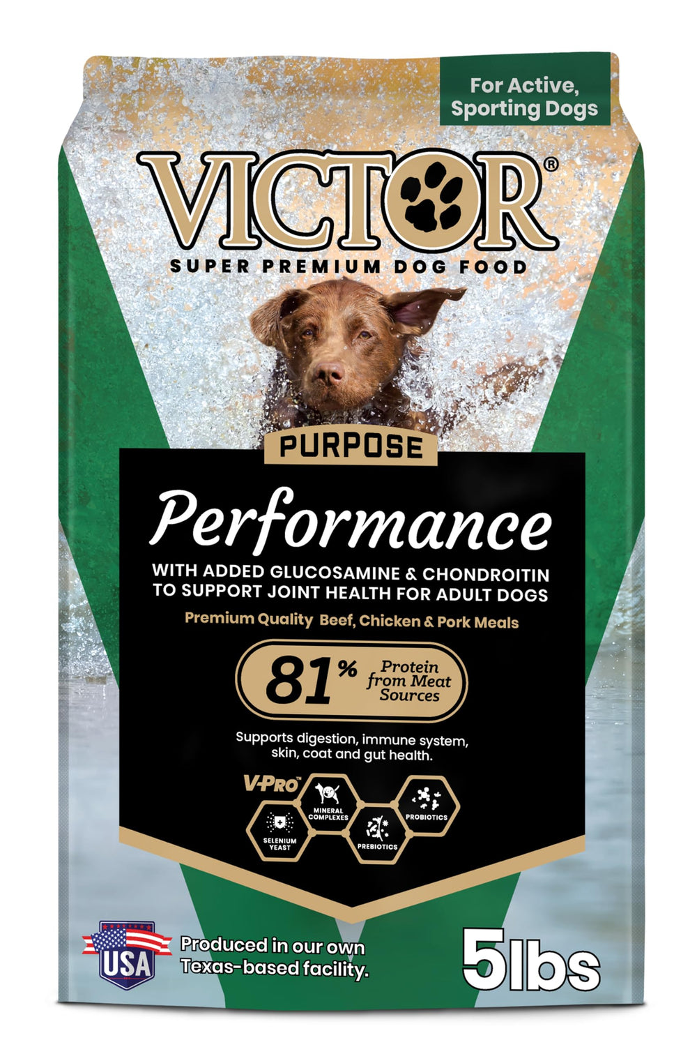 VICTOR Performance dog food bag front, premium energy source for active dogs
