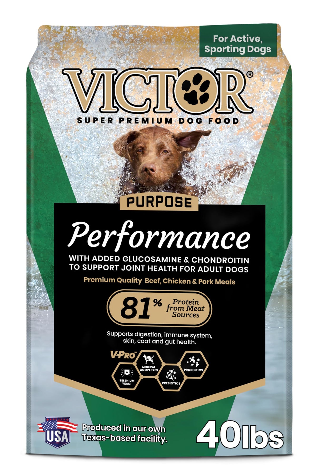 VICTOR Performance dry dog food bag shows multi-protein formula for active dogs.