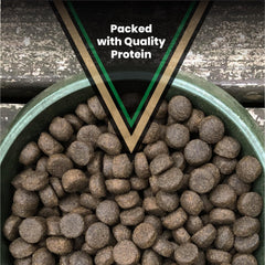 Close-up of VICTOR kibble highlighting beef, chicken, and pork meals.