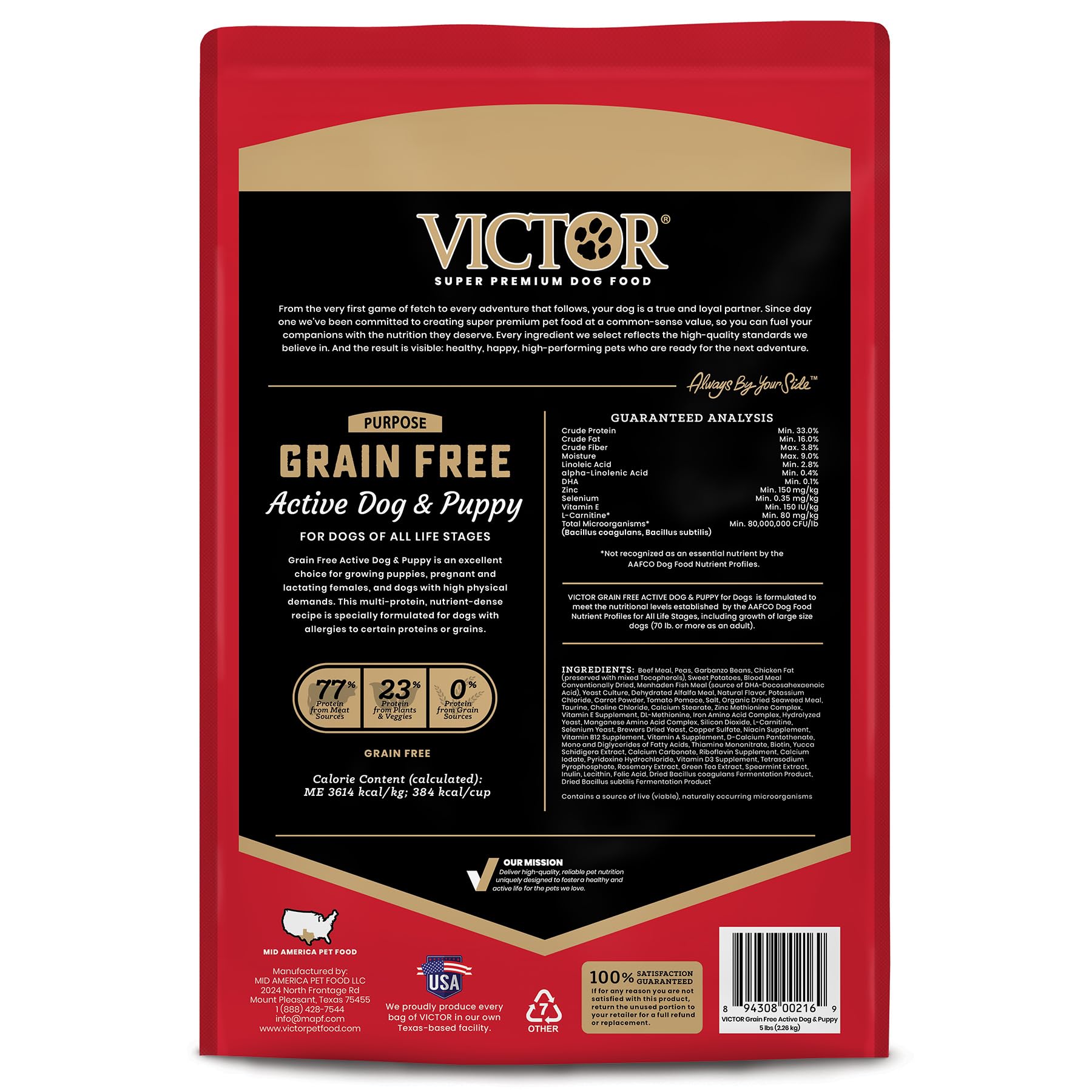 VICTOR premium beef pork fish meals image emphasizes diverse protein for strong dogs.