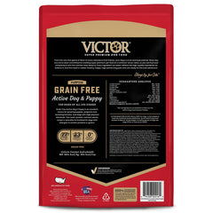 VICTOR premium beef pork fish meals image emphasizes diverse protein for strong dogs.