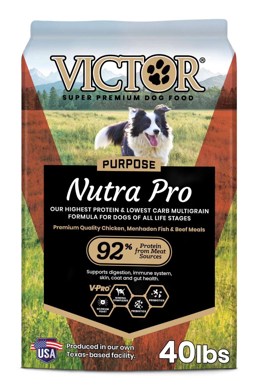 VICTOR Nutra Pro bag front view highlighting high protein formula for active dogs