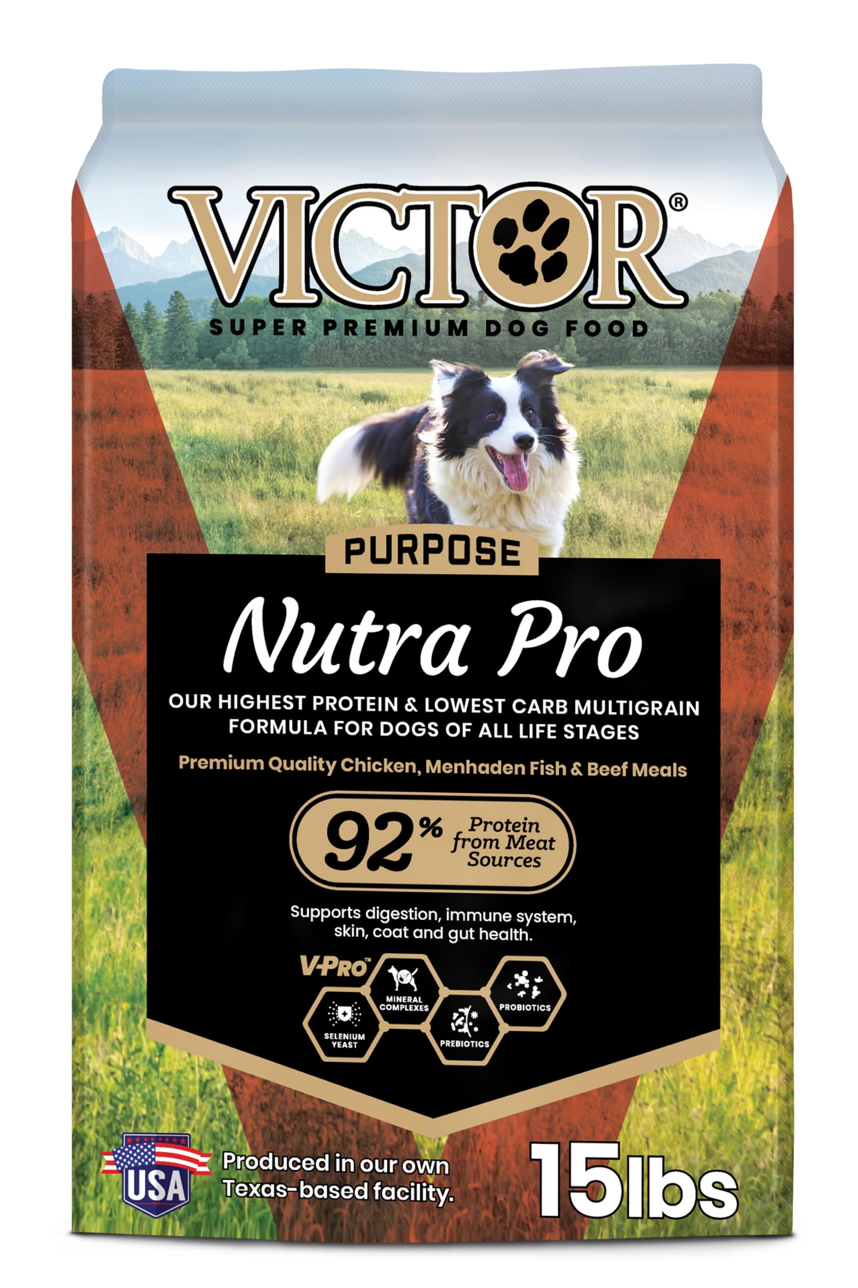 VICTOR Nutra Pro bag with high-protein, low-carb kibble for active dogs.