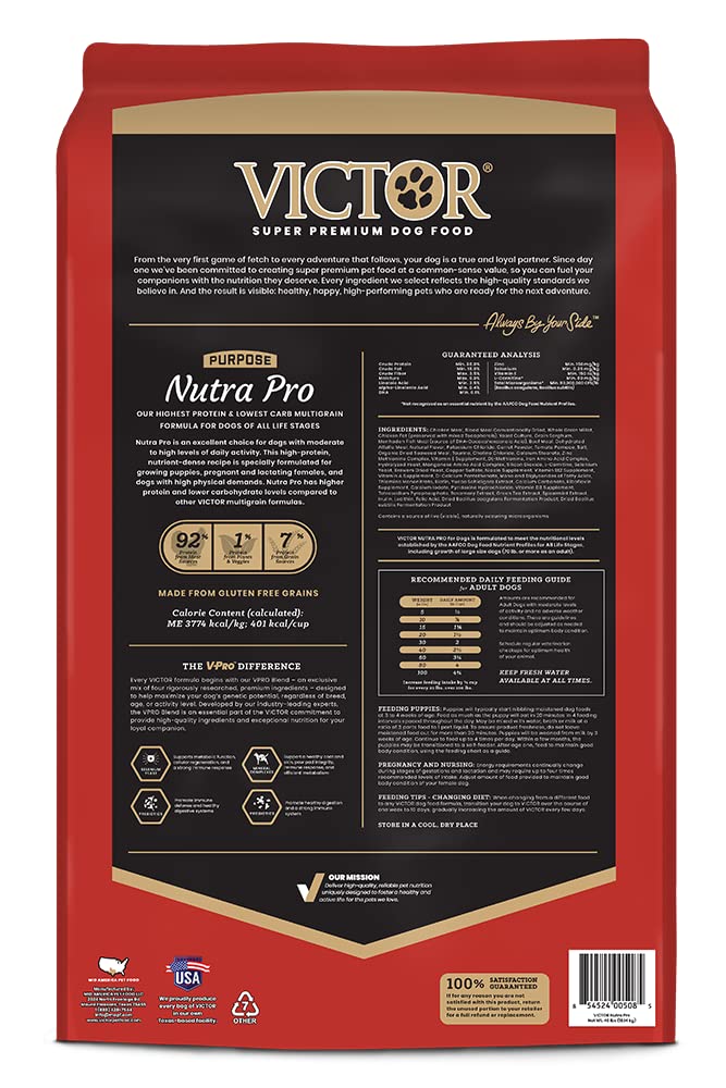 VICTOR Nutra Pro label detail emphasizes USA-made production and local sourcing
