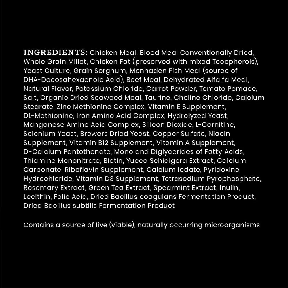 Nutrition panel on Nutra Pro bag indicating protein and fat levels.